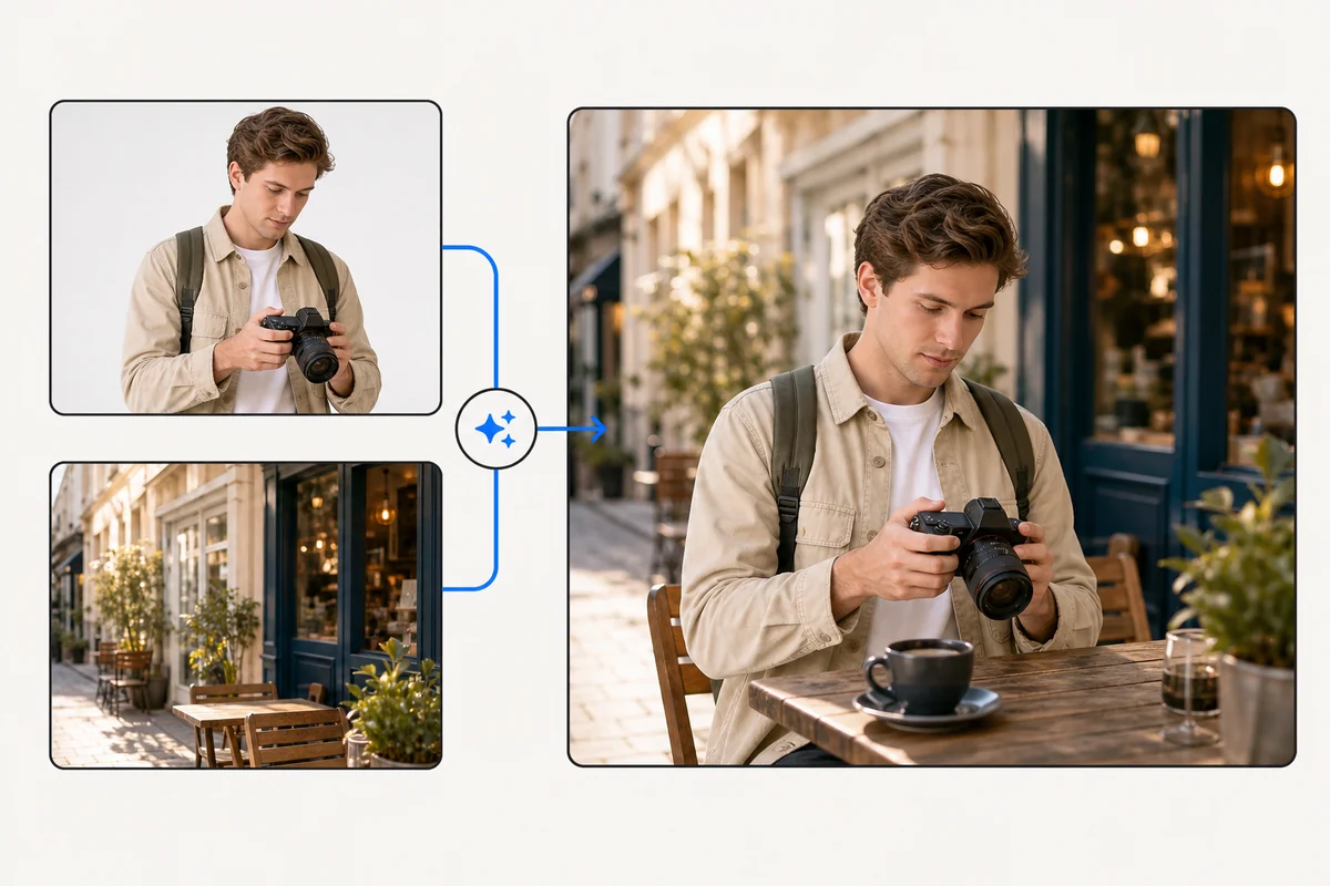 AI photo merger preview combining a portrait and cafe scene into one photo online